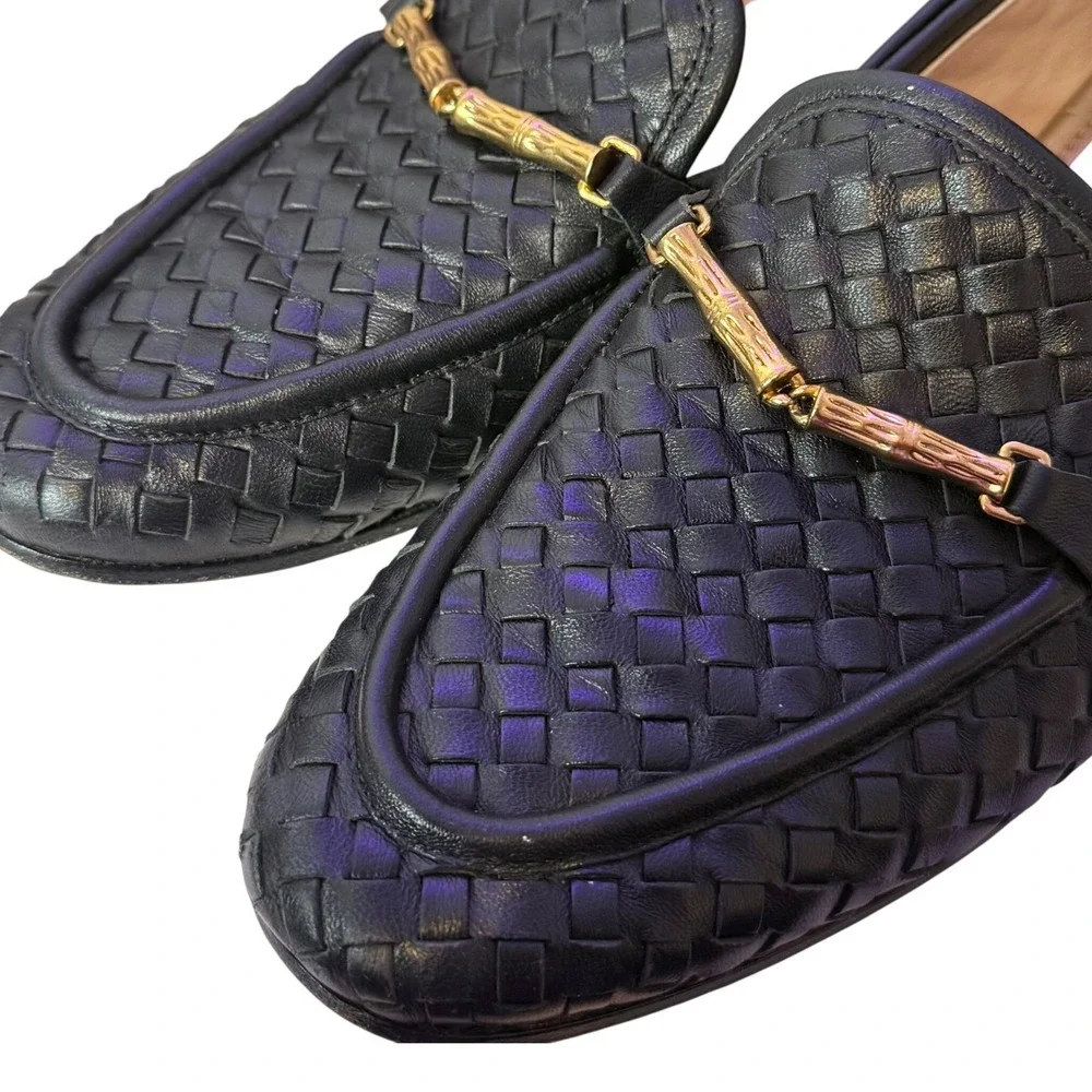 J. McLaughin Woven Leather Gold Horsebit Loafers Womens 6.5 Black Slip On Shoes